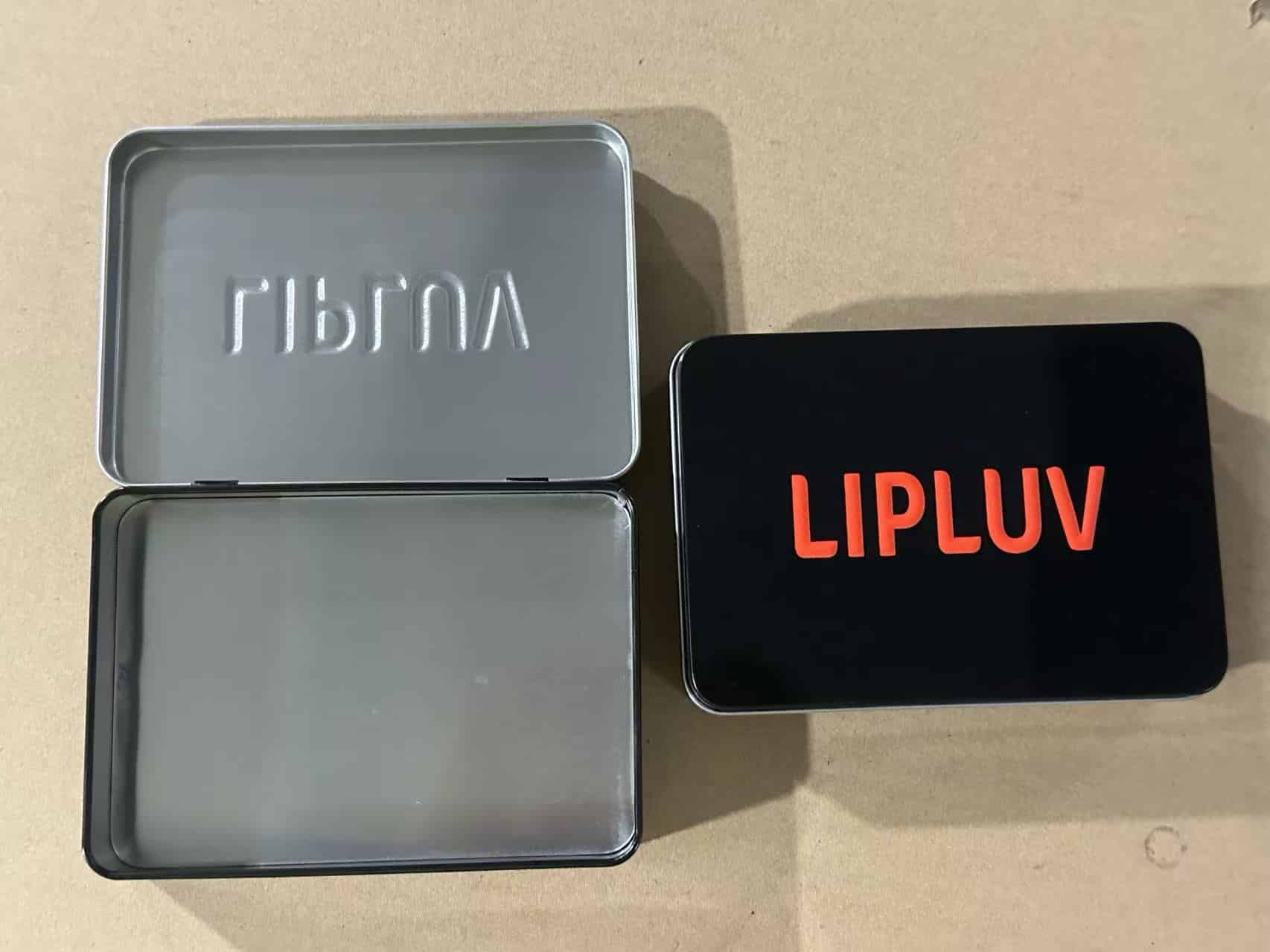 Customer tin sample showing raised logo treatment
