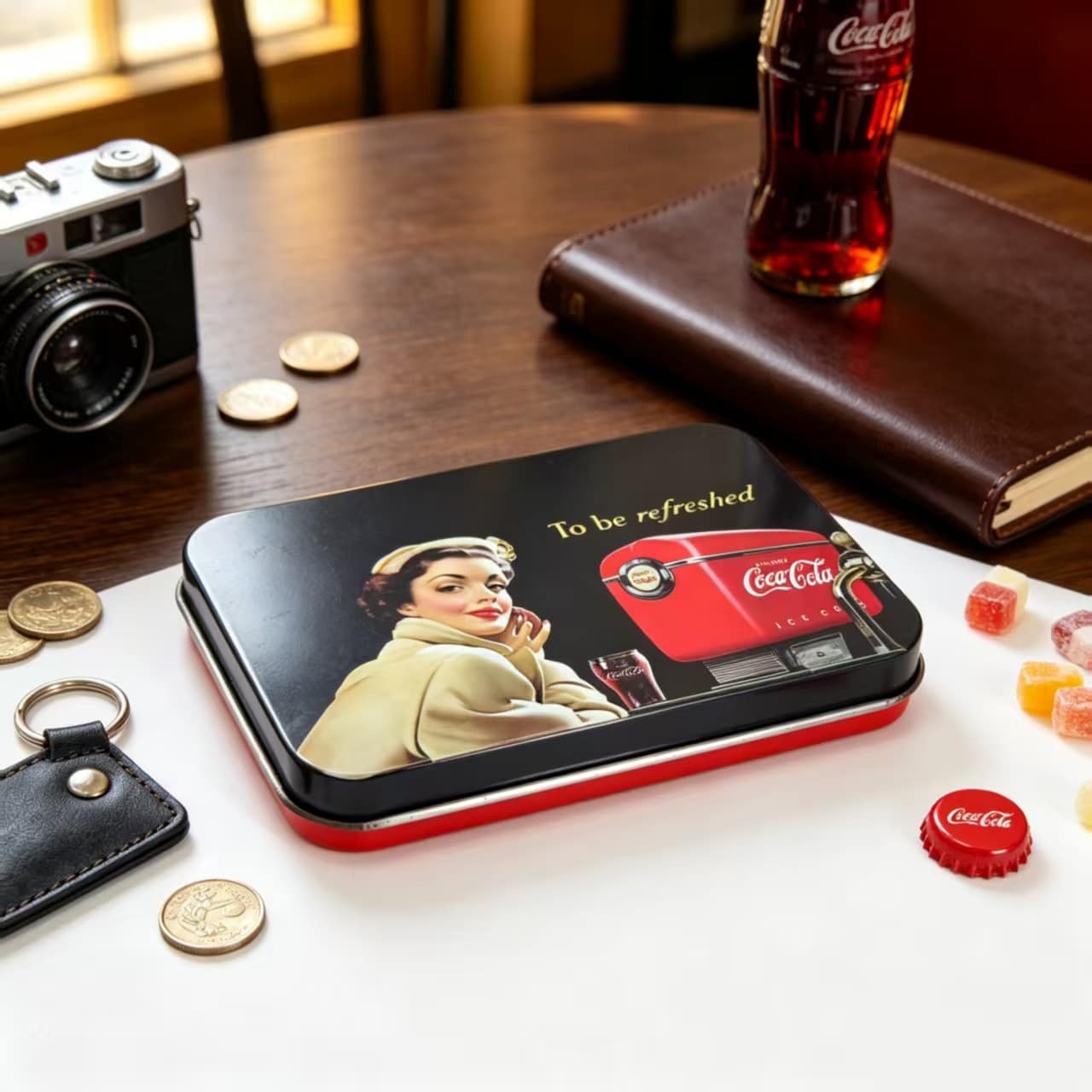 Flat black and red Coca-Cola promotional gift tin with heritage artwork