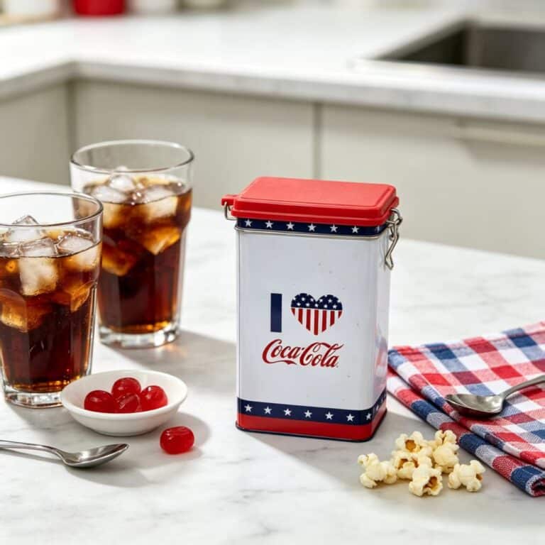 Tall Coca-Cola promotional tin canister beside drinks and snacks