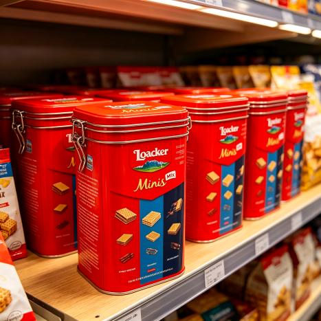 Rows of tall red Loacker clamp-lid tins displayed on a retail shelf