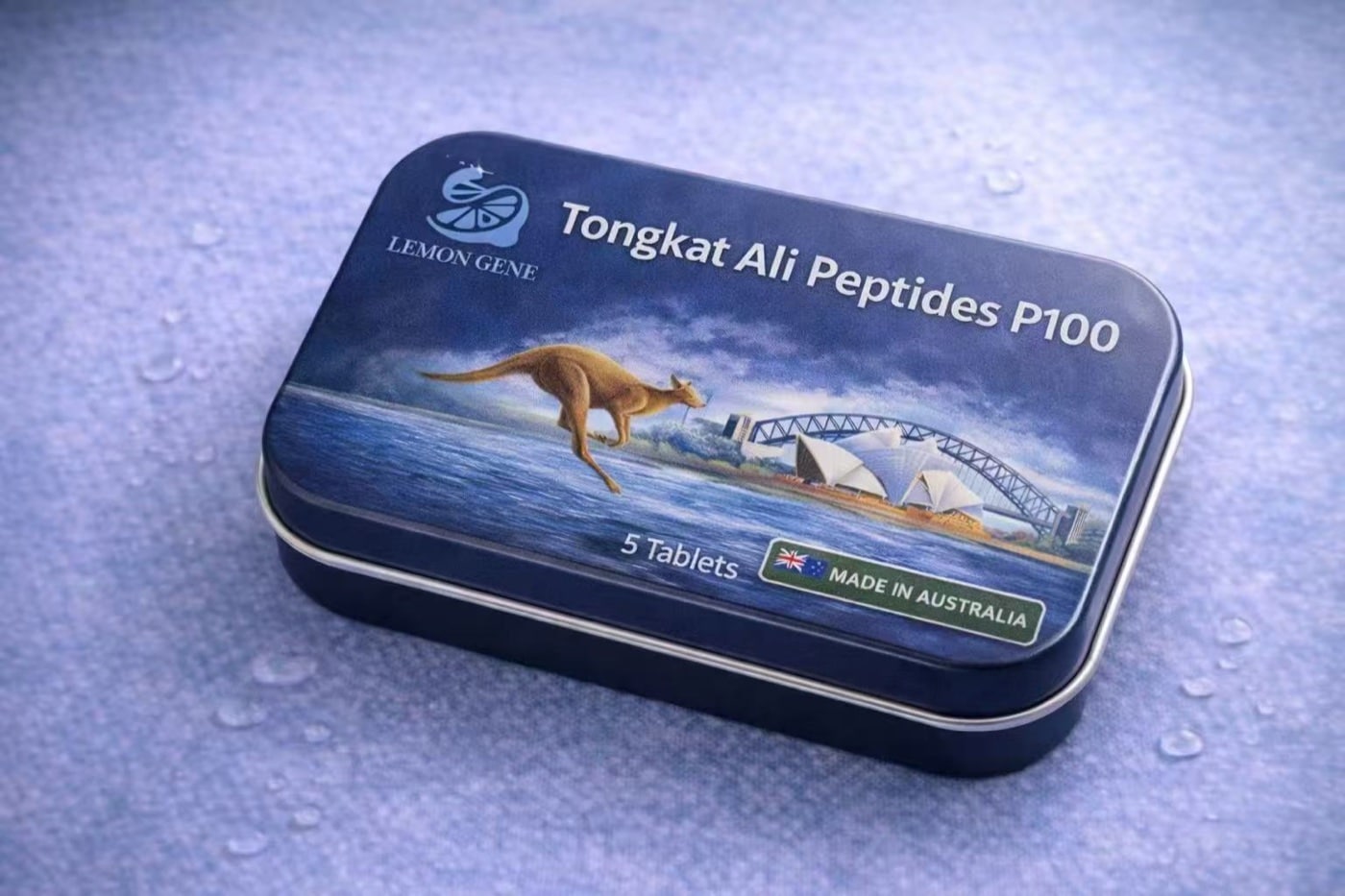 Buyer concept reference for a blue rectangular tin packaging project