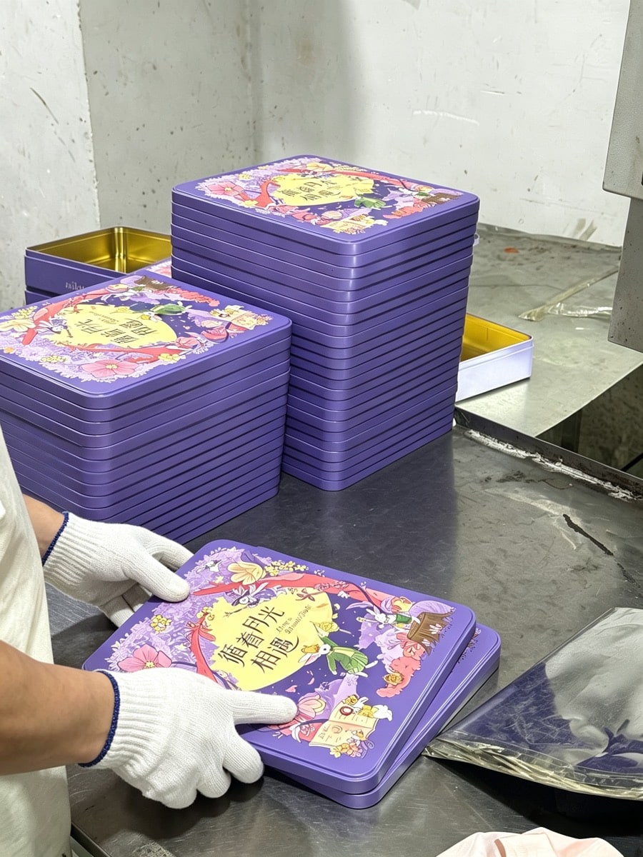 Stacks of finished purple tins after forming and printing