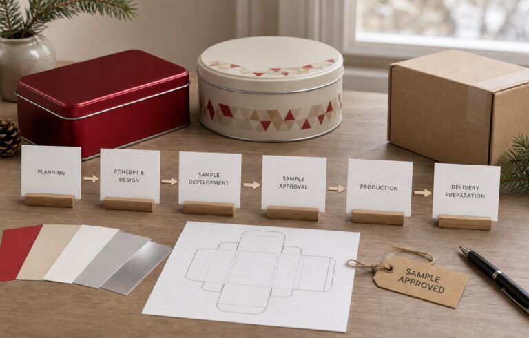 Conceptual seasonal tin packaging planning timeline