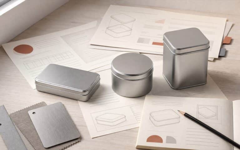 Conceptual editorial desk with blank tin samples and packaging planning diagrams