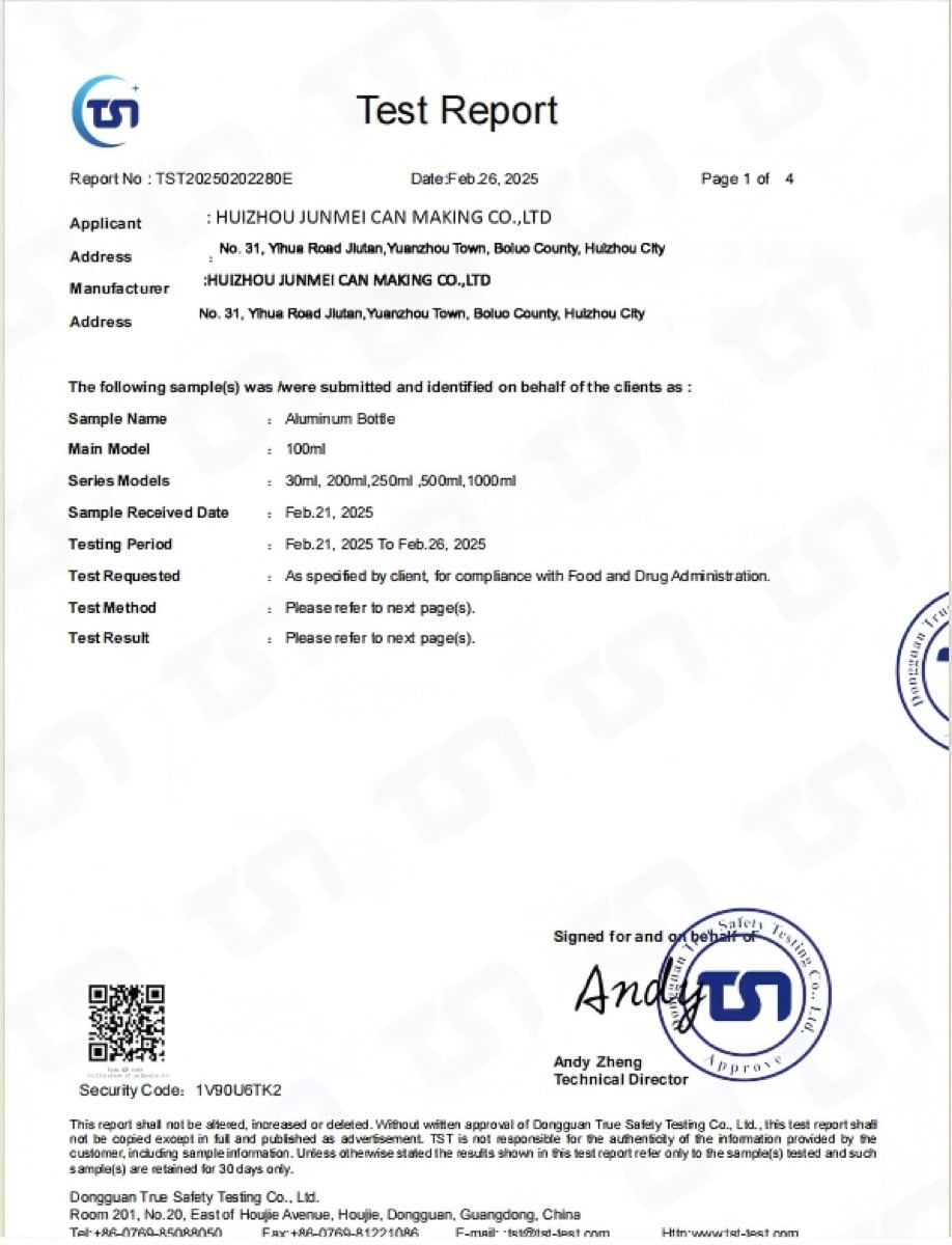 FDA 21 CFR 175 report cover supplied by Junmei