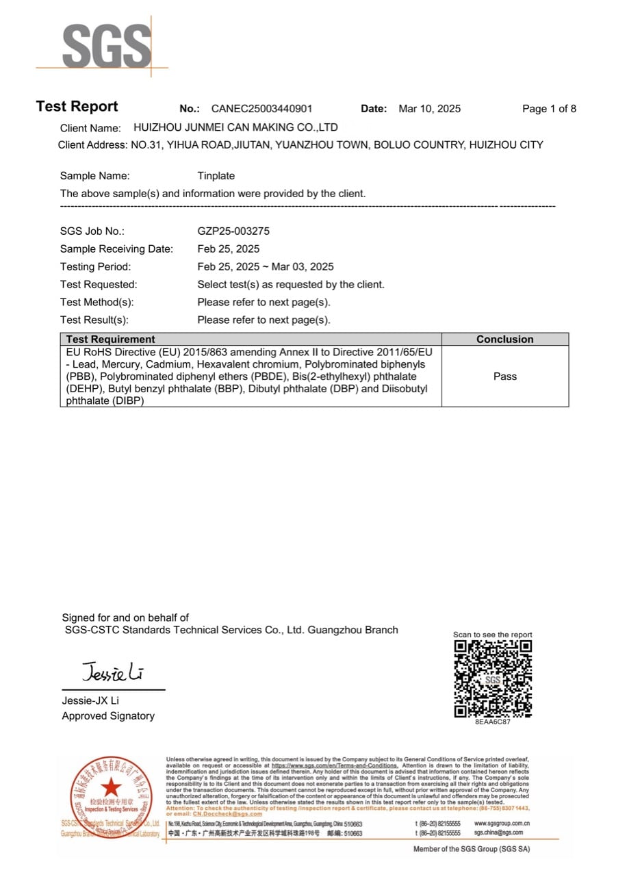 SGS RoHS report cover available from Junmei