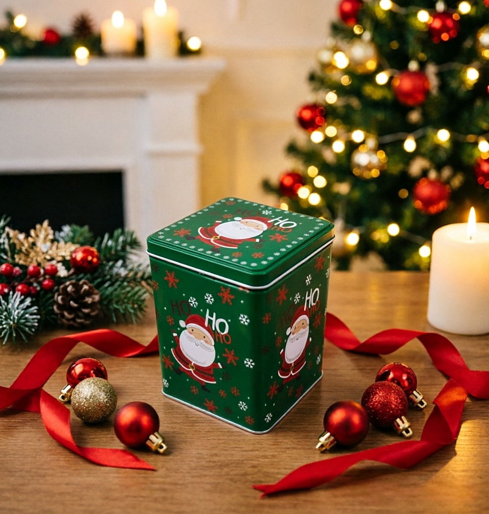 Green square Santa gift tin in a Christmas retail presentation
