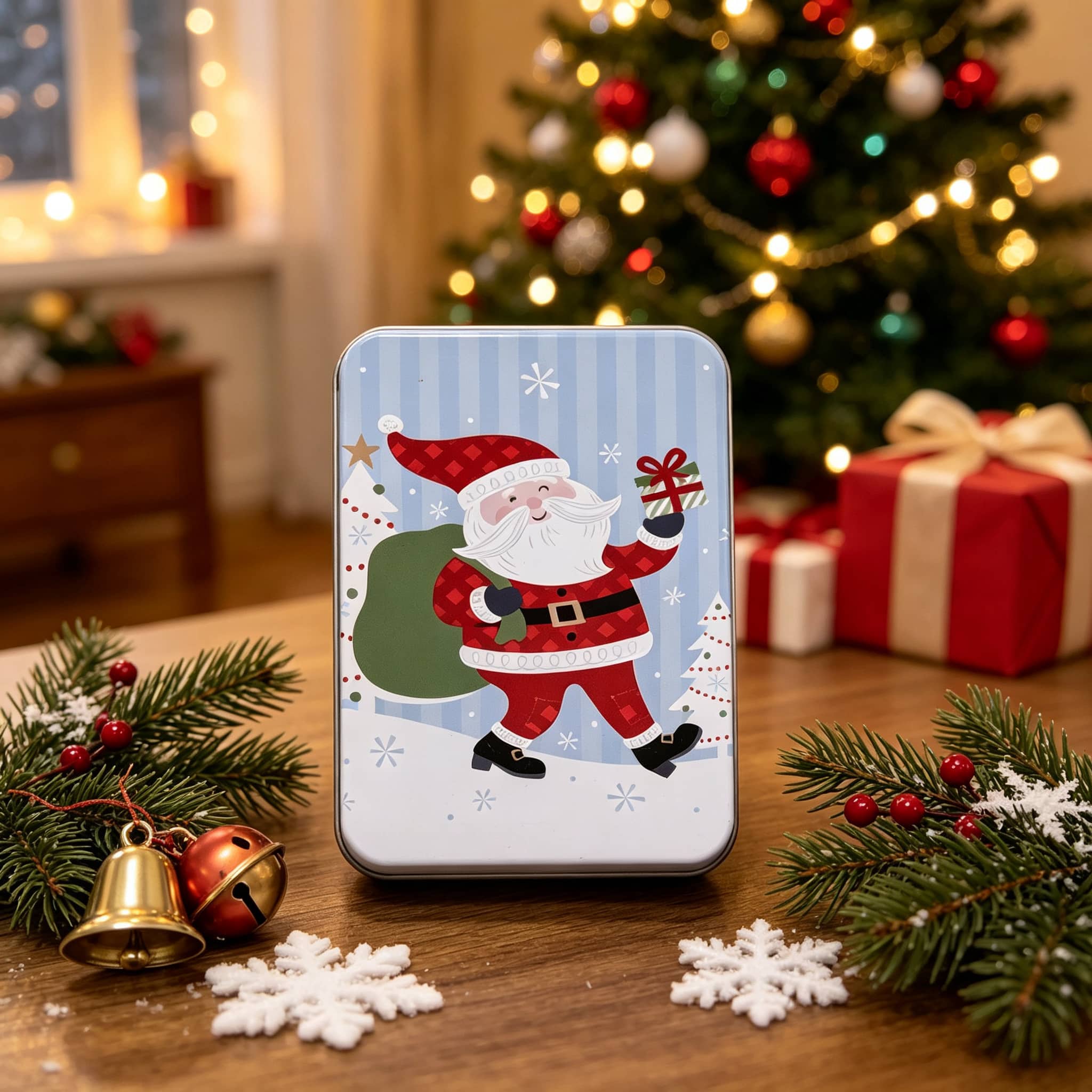 Blue rectangular Christmas tin in a warm seasonal display