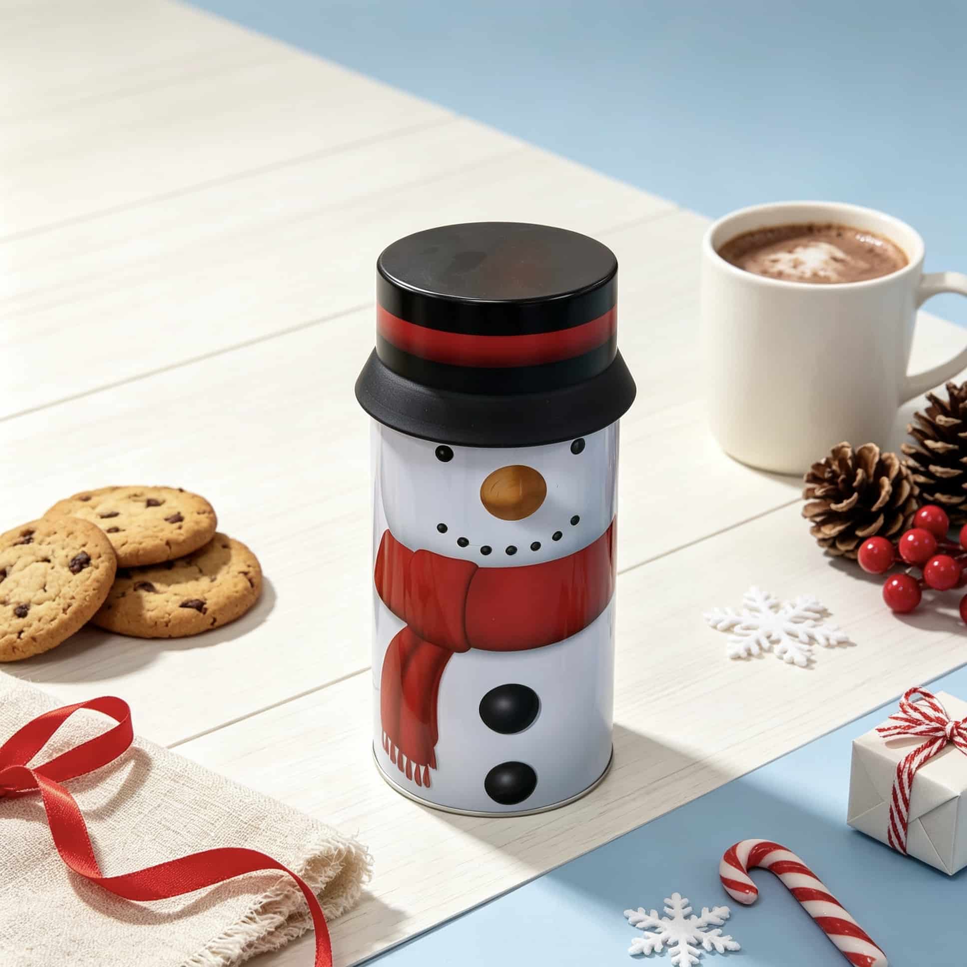 Snowman Christmas tin prepared as a seasonal gift format