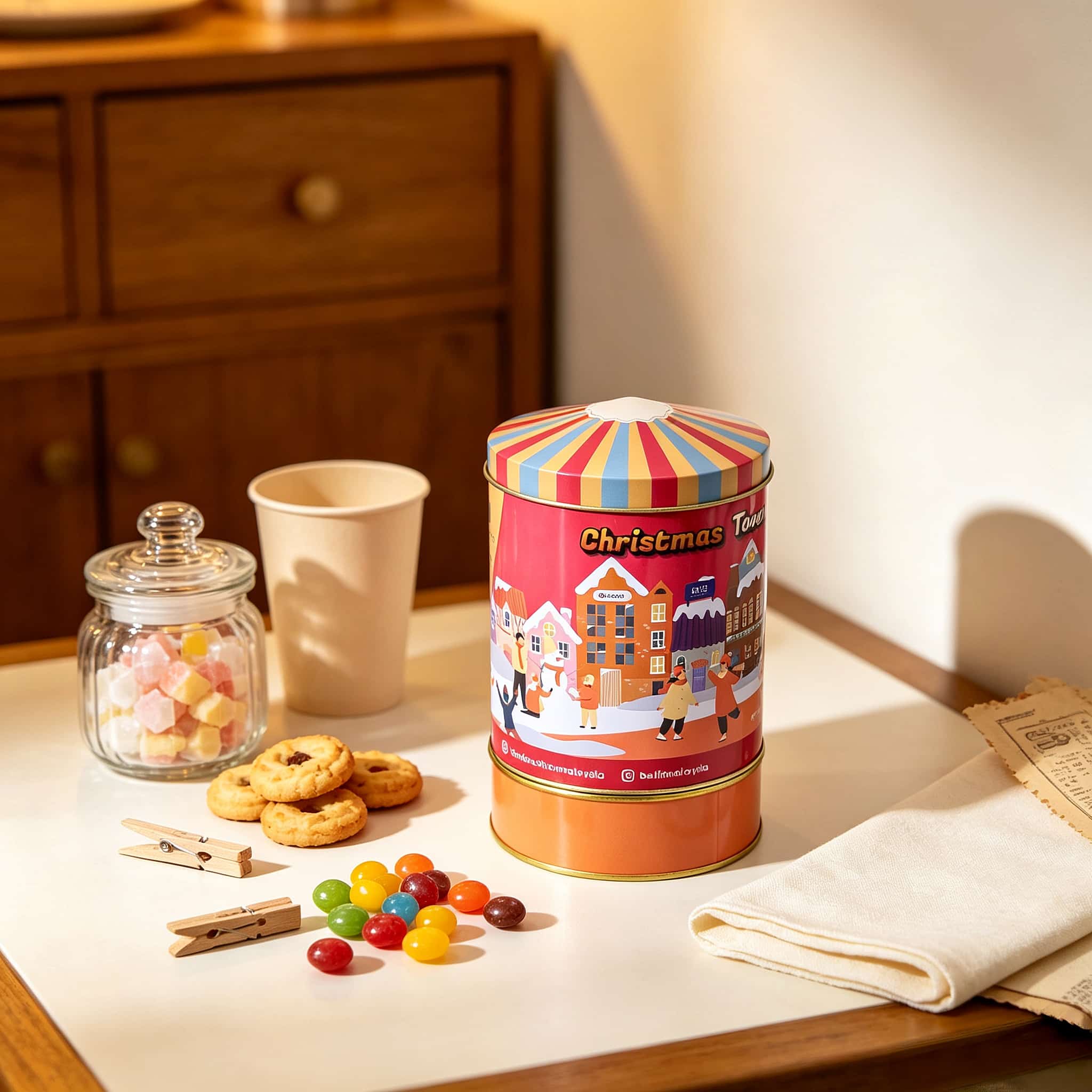 Christmas town tin shown with cookies and seasonal gift presentation