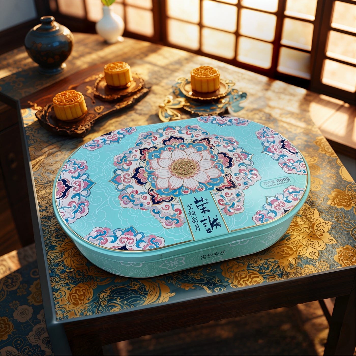 Ornate Junmei mooncake tin for Mid-Autumn Festival gift packaging